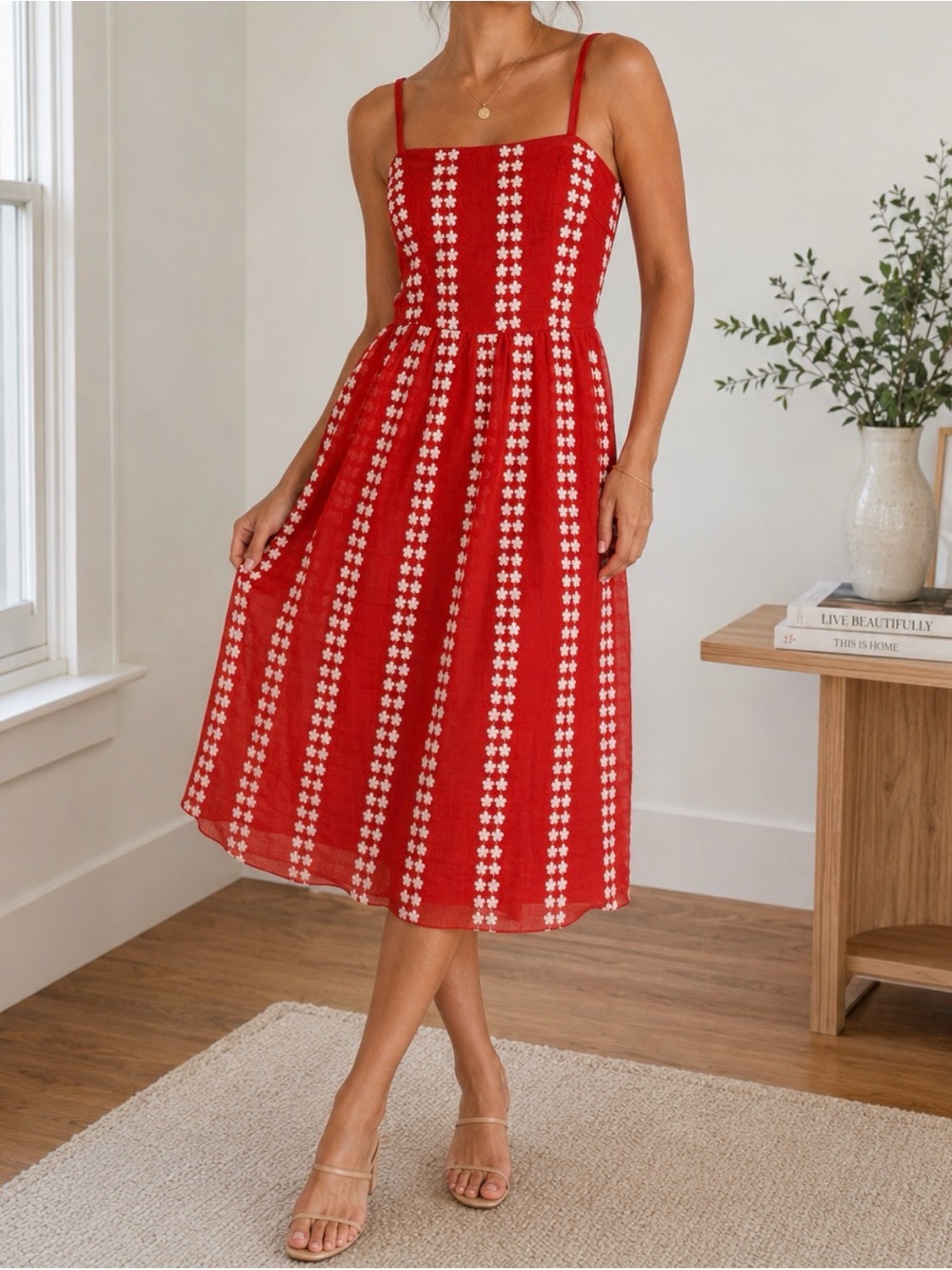 Vintage Miss Elliette Red Floral Midi Dress Romantic Cottagecore Size 4
